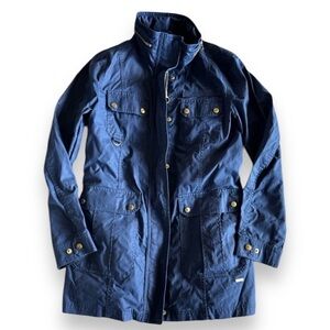 Women’s Waxed Canvas Barn Jacket raincoat hooded zip up navy blue sz S fisherman